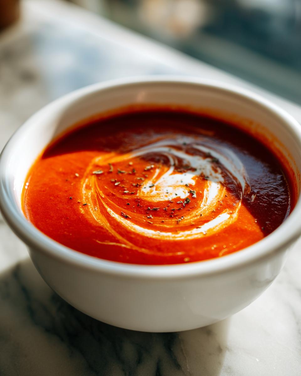 A close-up of a white bowl filled with vibrant Tomato Soup, artfully swirled with cream and sprinkled with herbs.