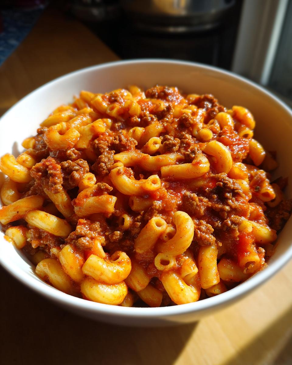 A close-up of a white bowl filled with delicious American goulash, featuring elbow macaroni and a rich meat sauce.