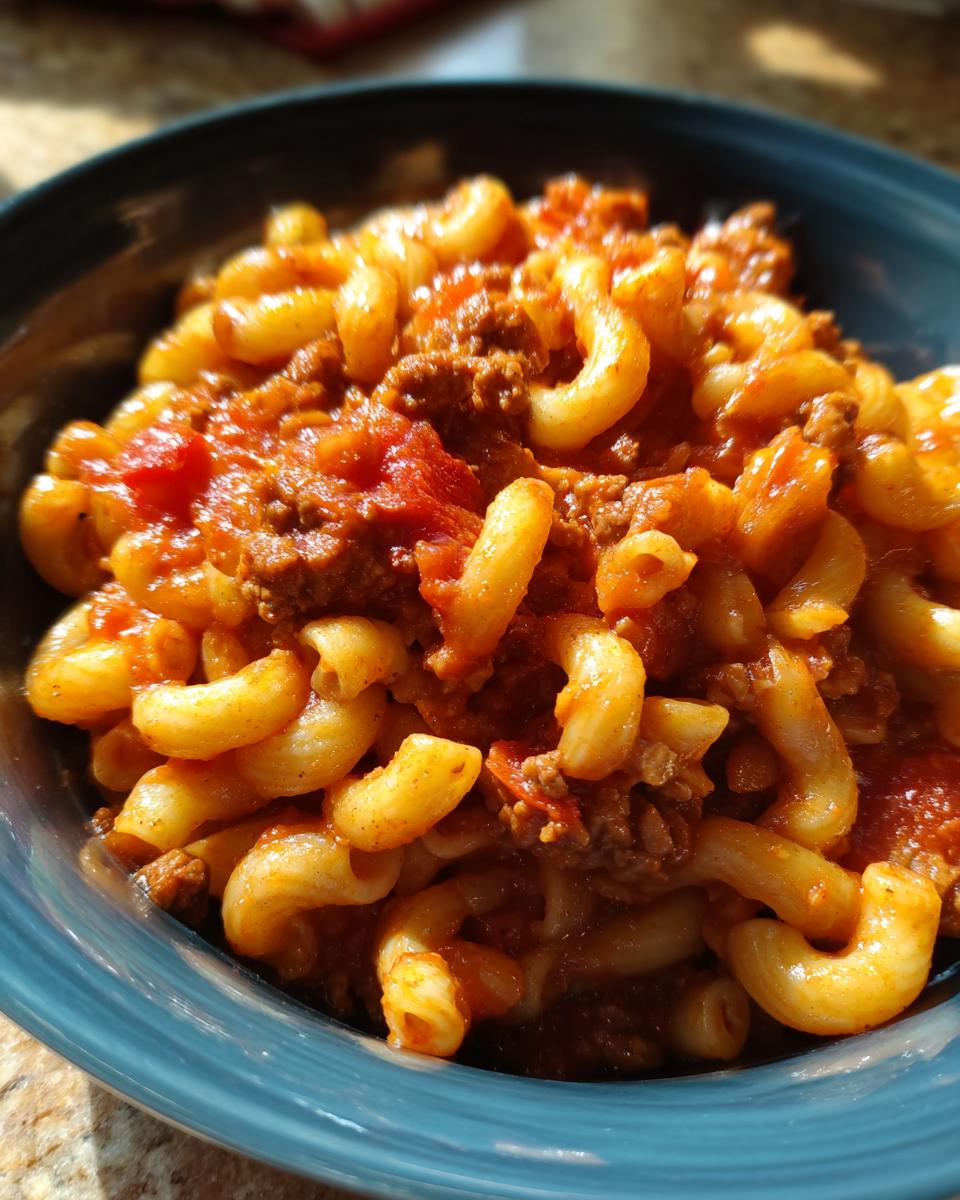 A close-up of a bowl filled with delicious American goulash, featuring elbow macaroni and seasoned ground beef in a rich tomato sauce.