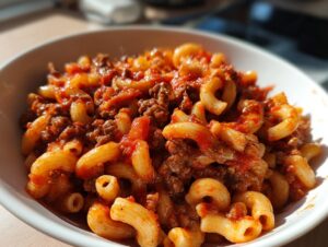 A close-up of a white bowl filled with delicious American goulash, featuring elbow macaroni and seasoned ground beef in a rich tomato sauce.