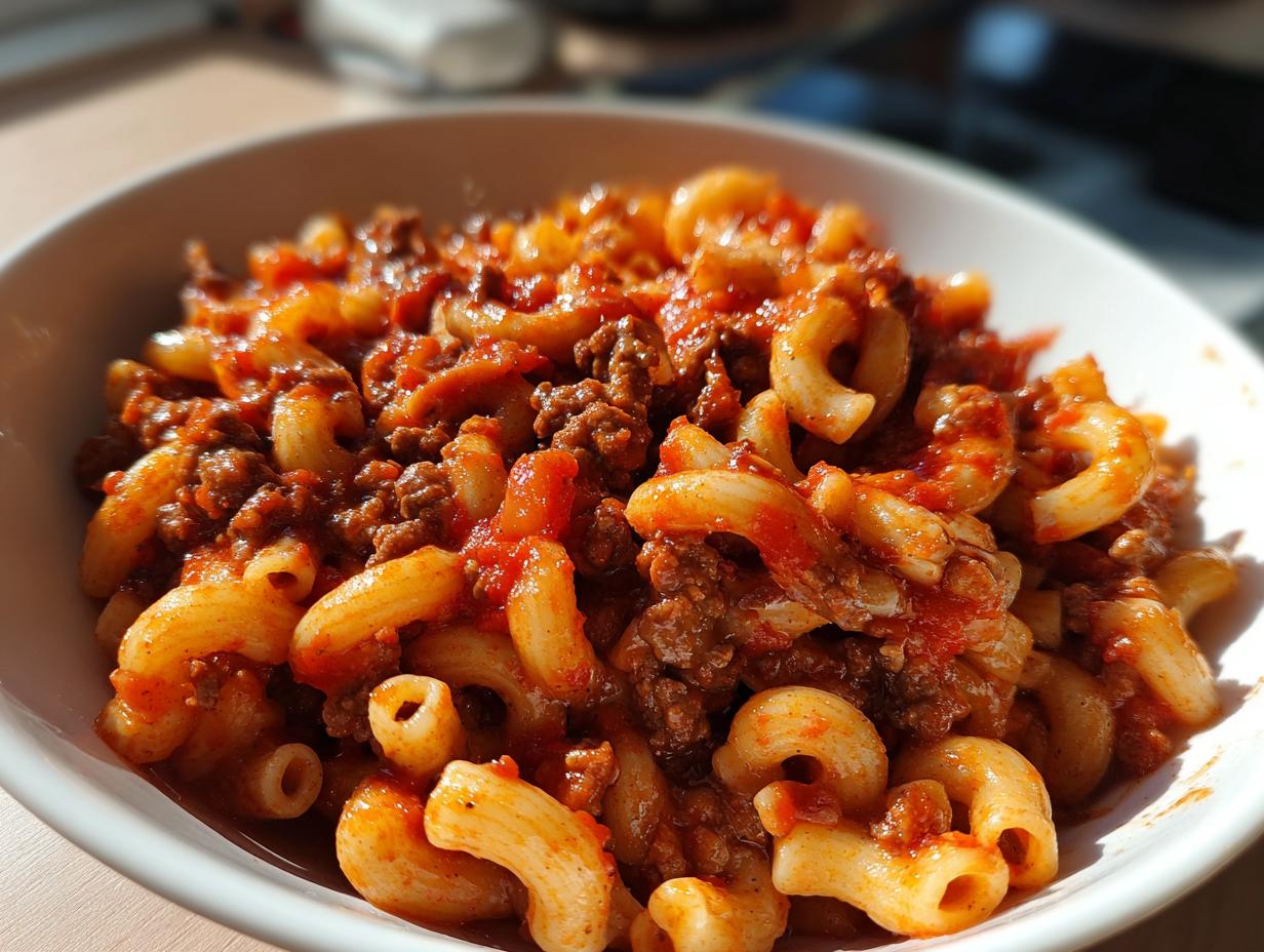 A close-up of a white bowl filled with delicious American goulash, featuring elbow macaroni and seasoned ground beef in a rich tomato sauce.