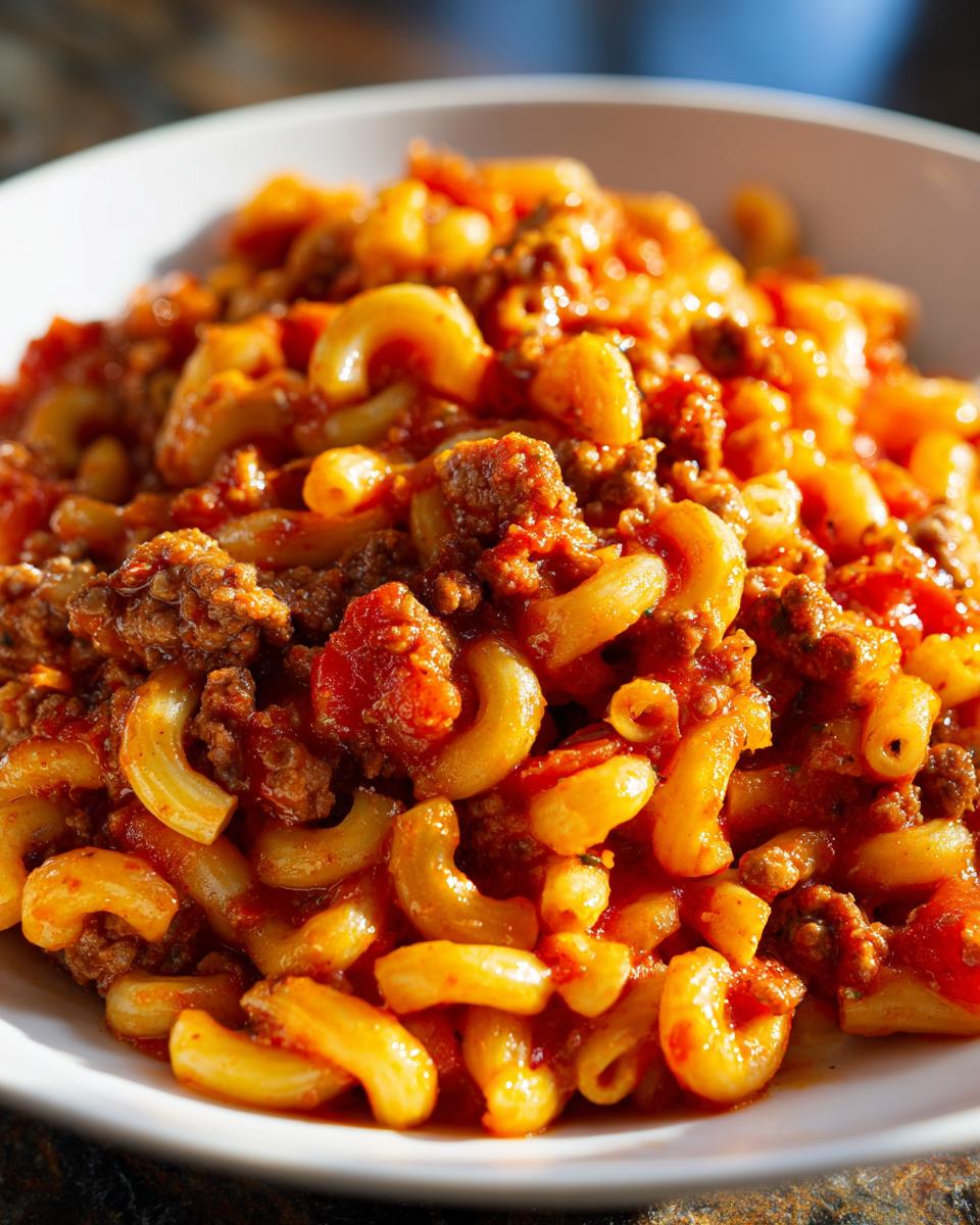 Close-up of a white bowl filled with delicious American goulash, featuring elbow macaroni and seasoned ground beef in a rich tomato sauce.