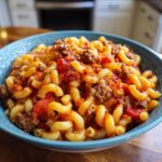 A close-up of a bowl filled with delicious American goulash, featuring elbow macaroni and seasoned ground beef in a rich tomato sauce.
