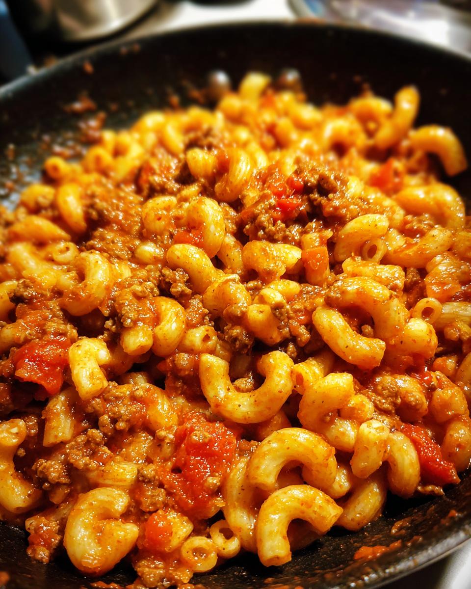 Close-up of a skillet filled with delicious American goulash, featuring elbow macaroni and seasoned ground beef in a rich tomato sauce.