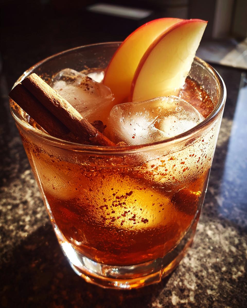 A close-up of an Apple Cider Cocktail in a glass with ice, apple slices, and a cinnamon stick.
