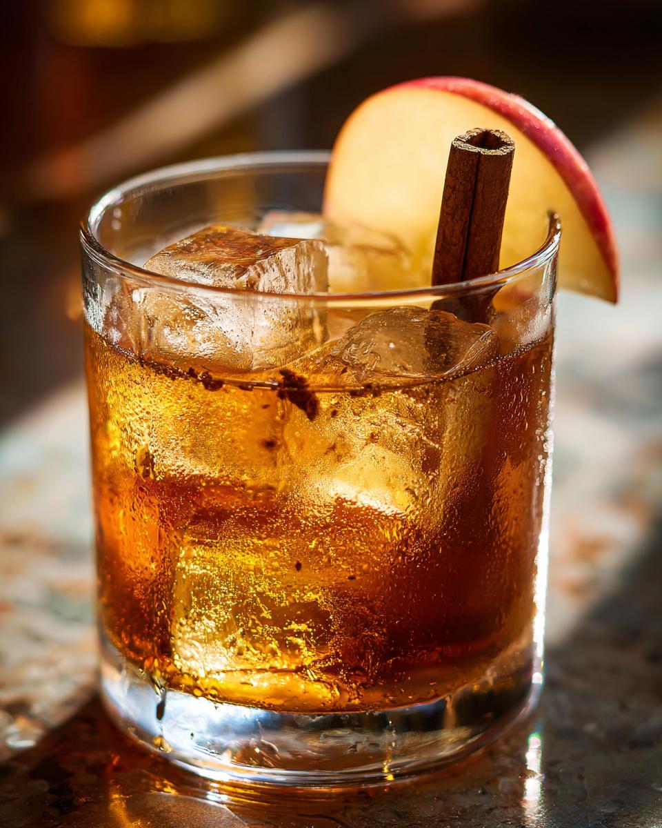 A refreshing Apple Cider Cocktail served over ice in a glass, garnished with a slice of apple and a cinnamon stick.