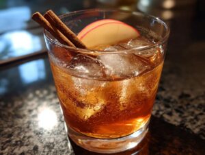 A close-up of a delicious Apple Cider Cocktail in a glass with ice, cinnamon sticks, and an apple slice garnish.