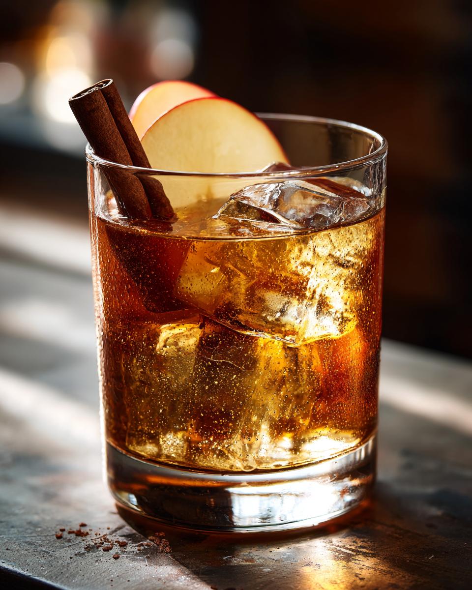 A close-up of a glass filled with an Apple Cider Cocktail, ice, apple slices, and a cinnamon stick.