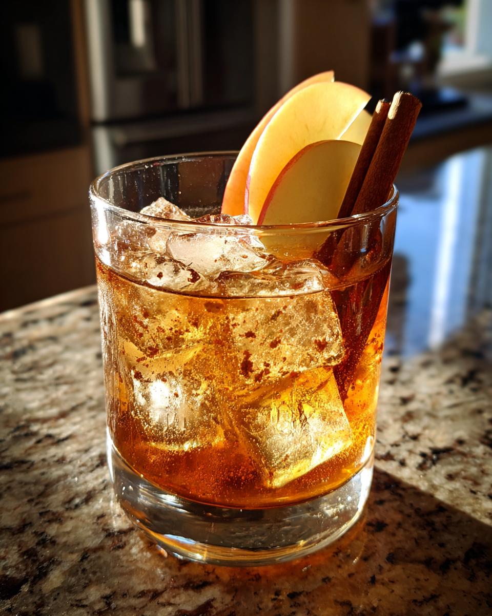 A close-up of an Apple Cider Cocktail in a rocks glass, filled with ice, garnished with apple slices and a cinnamon stick.