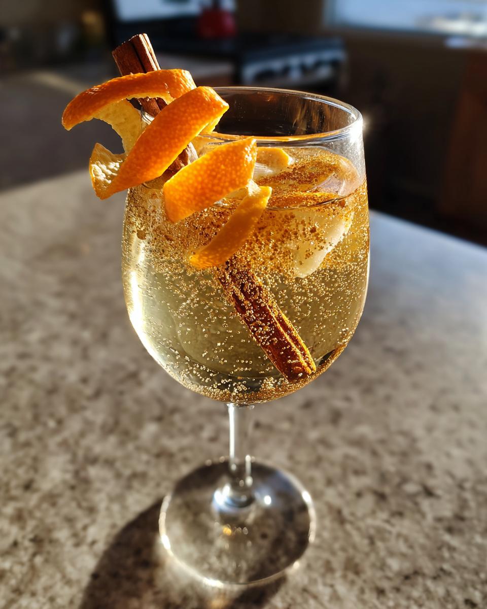 A close-up of an Apple Cider Spritz Cocktail in a wine glass, garnished with orange peel and a cinnamon stick.
