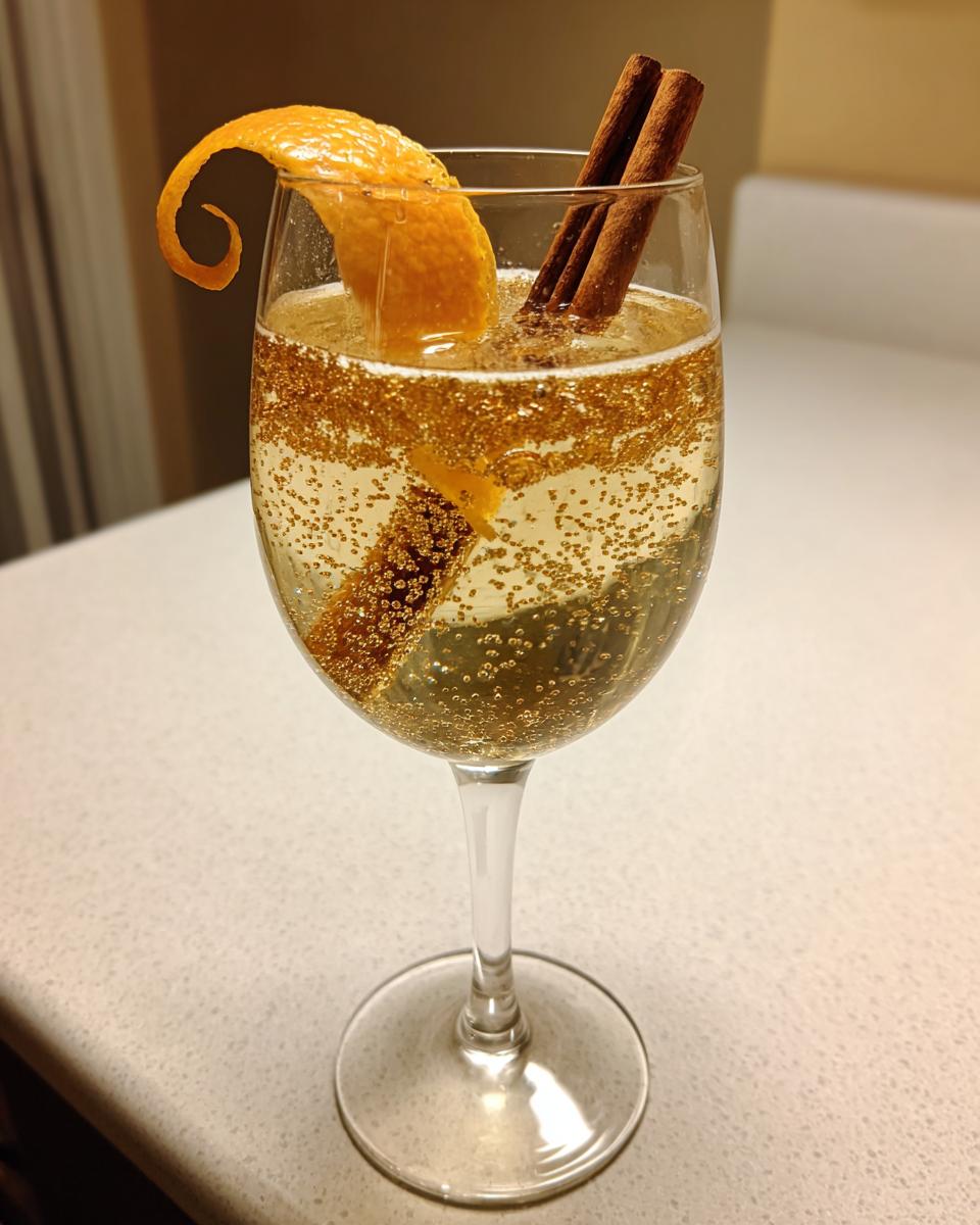 A festive Apple Cider Spritz Cocktail in a champagne flute, garnished with an orange peel twist and cinnamon sticks.