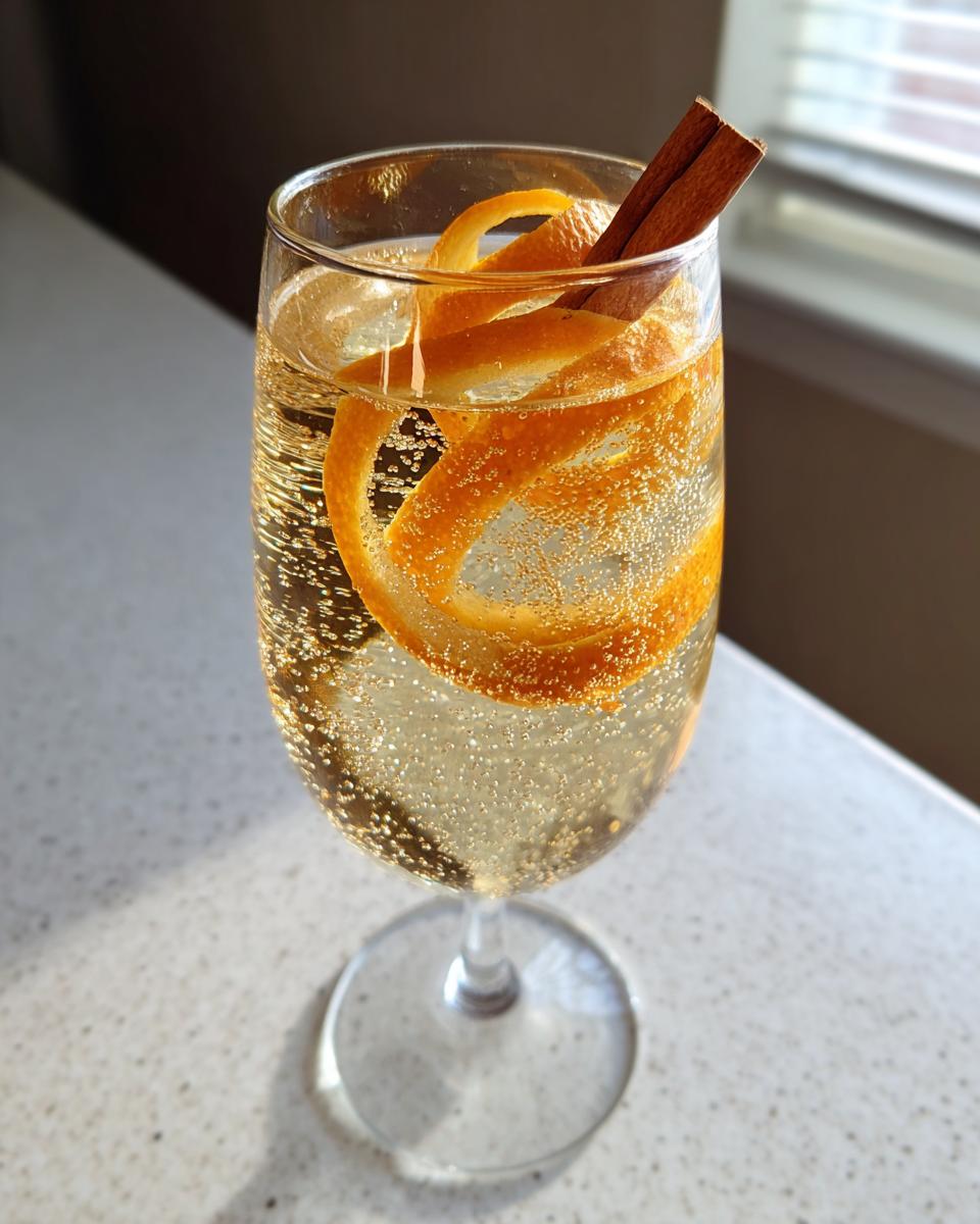 A bubbly Apple Cider Spritz Cocktail garnished with orange peel and a cinnamon stick.