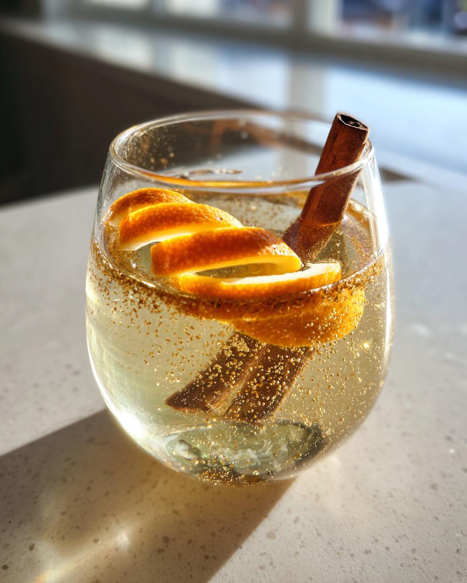 A clear Apple Cider Spritz Cocktail in a glass, garnished with orange peel and a cinnamon stick, with edible glitter.
