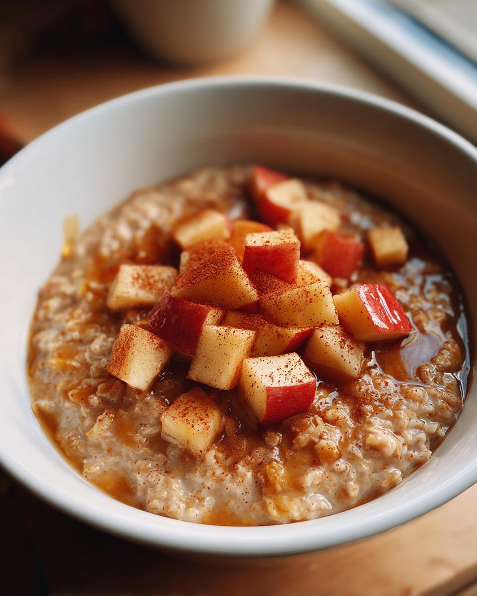 A close-up shot of a white bowl filled with warm Apple Cinnamon Oatmeal, topped with diced apples and a sprinkle of cinnamon.