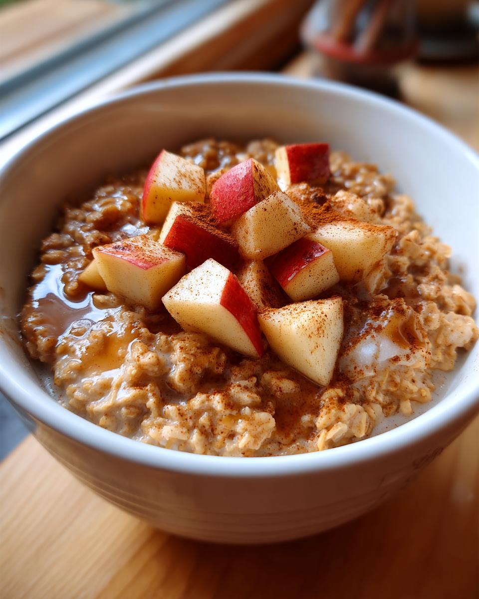A close-up shot of a white bowl filled with warm Apple Cinnamon Oatmeal, topped with diced apples and cinnamon.