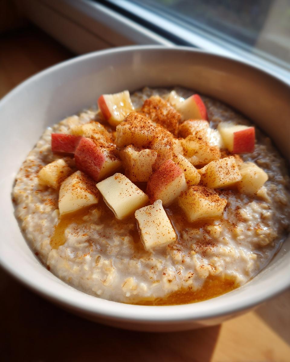A close-up of a white bowl filled with Apple Cinnamon Oatmeal, topped with diced apples, cinnamon, and a drizzle of syrup.