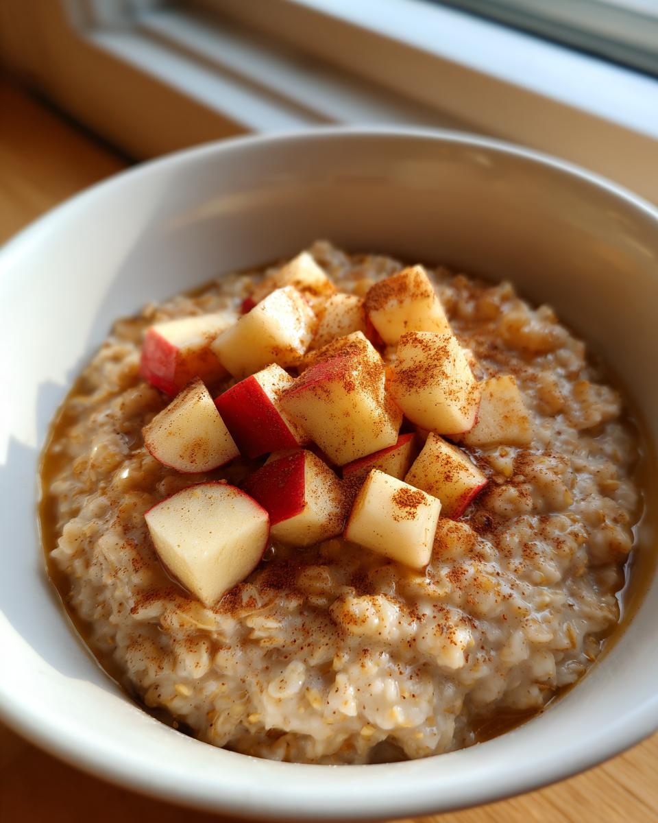 A close-up of a warm bowl of Apple Cinnamon Oatmeal topped with fresh apple chunks and cinnamon.
