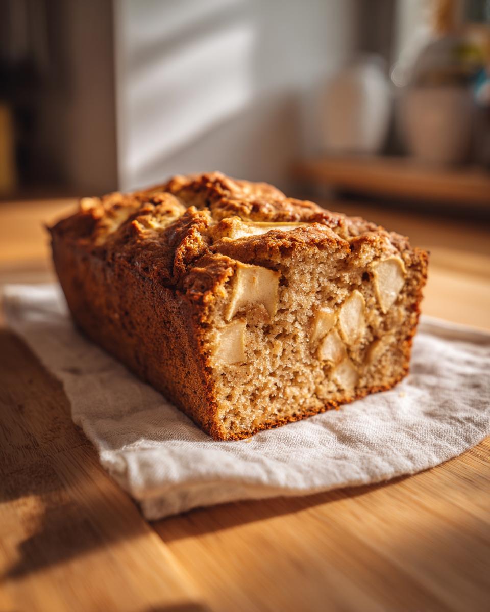 A close-up of a moist Apple Cornbread loaf with visible chunks of apple baked inside, resting on a white cloth.