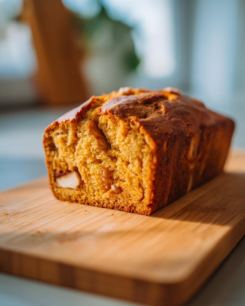 A close-up of a golden-brown Apple Cornbread loaf with visible chunks of apple on a wooden cutting board.