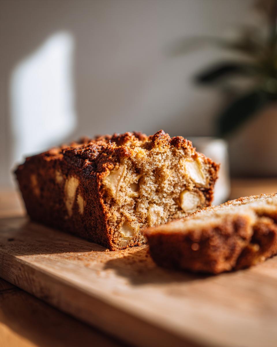A close-up of a moist Apple Cornbread loaf with a slice cut, revealing chunks of apple inside.