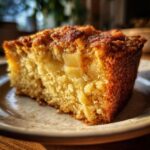 A close-up of a moist slice of Apple Cornbread with visible chunks of apple.