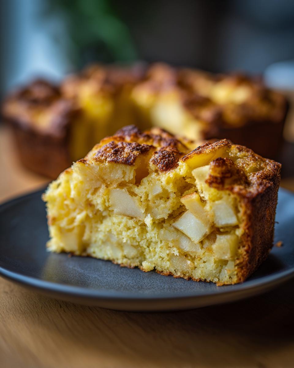 A slice of moist Apple Cornbread filled with chunks of apple on a dark plate.