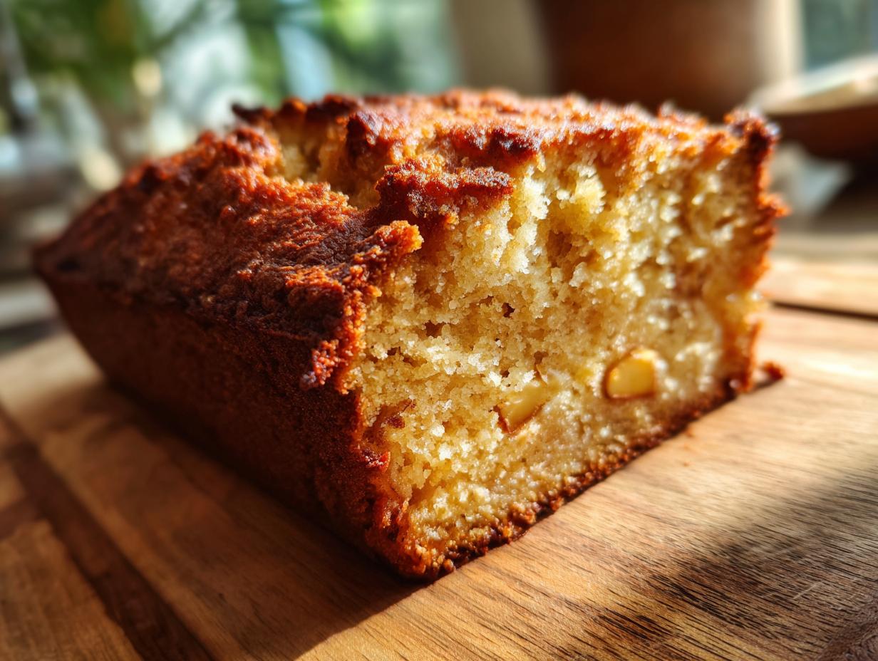 A close-up of a moist slice of Apple Cornbread, showing chunks of apple baked inside and a golden-brown crust.