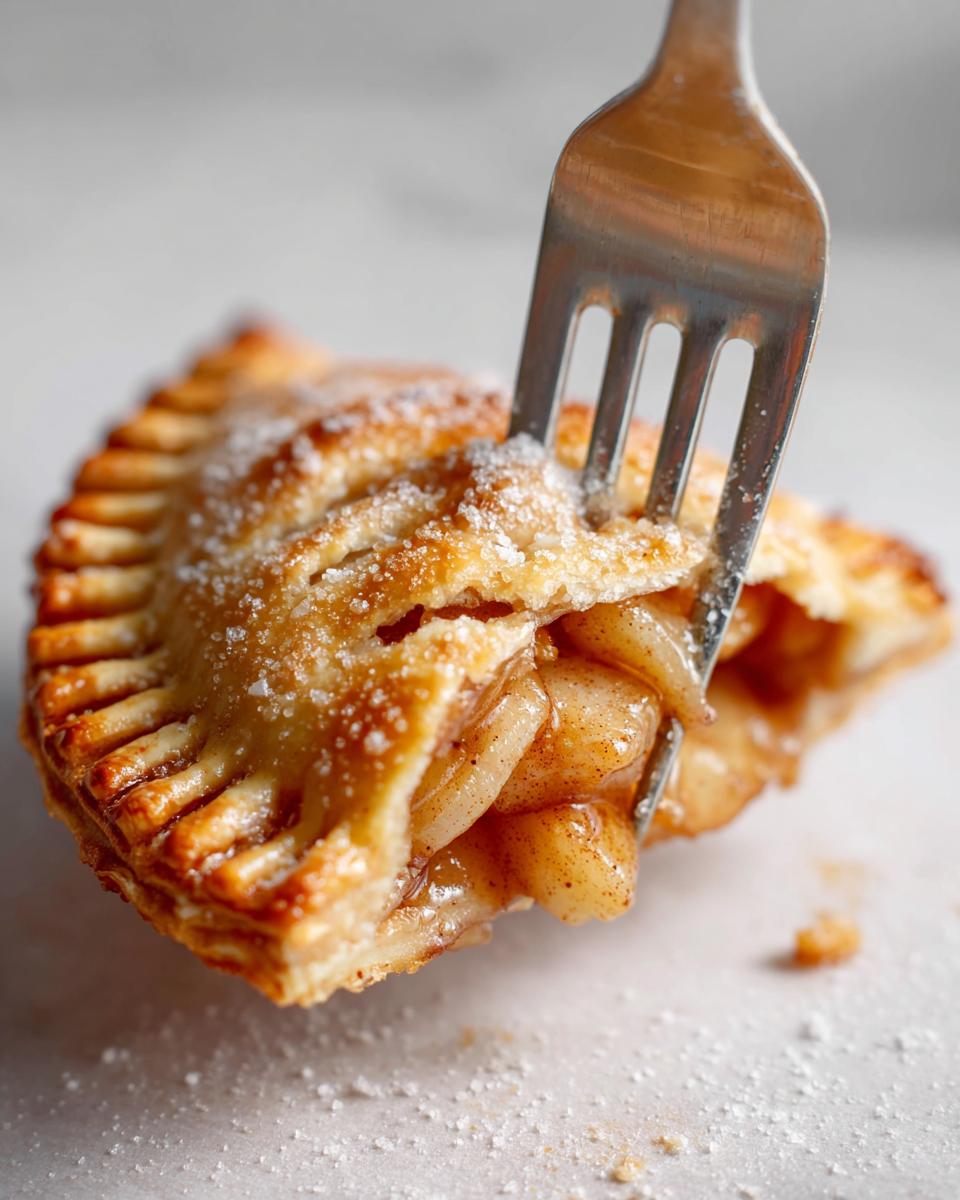 A fork is taking a bite out of a golden brown Apple Hand Pie, revealing the warm, spiced apple filling.