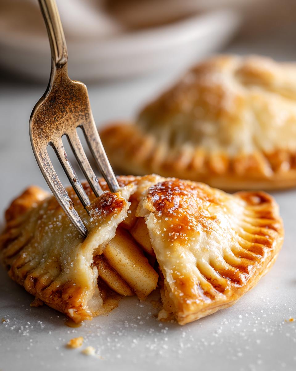 A fork is breaking open a golden brown apple hand pie, revealing the spiced apple filling inside.