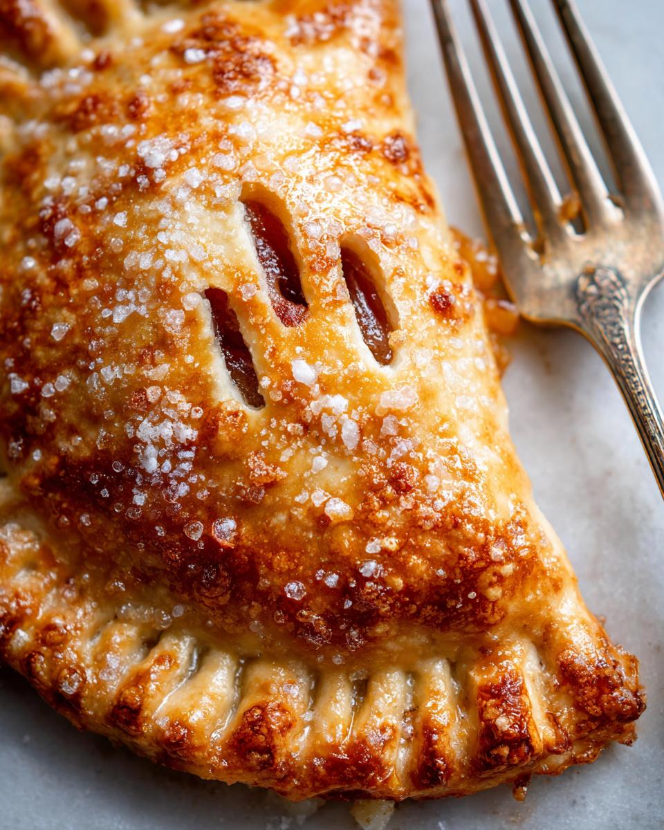 Close-up of a golden-brown baked Apple Hand Pie, sprinkled with sugar, with a fork to the side.