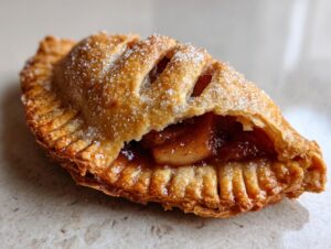 Close-up of a golden-brown apple hand pie, sprinkled with sugar, showing a peek of the spiced apple filling.