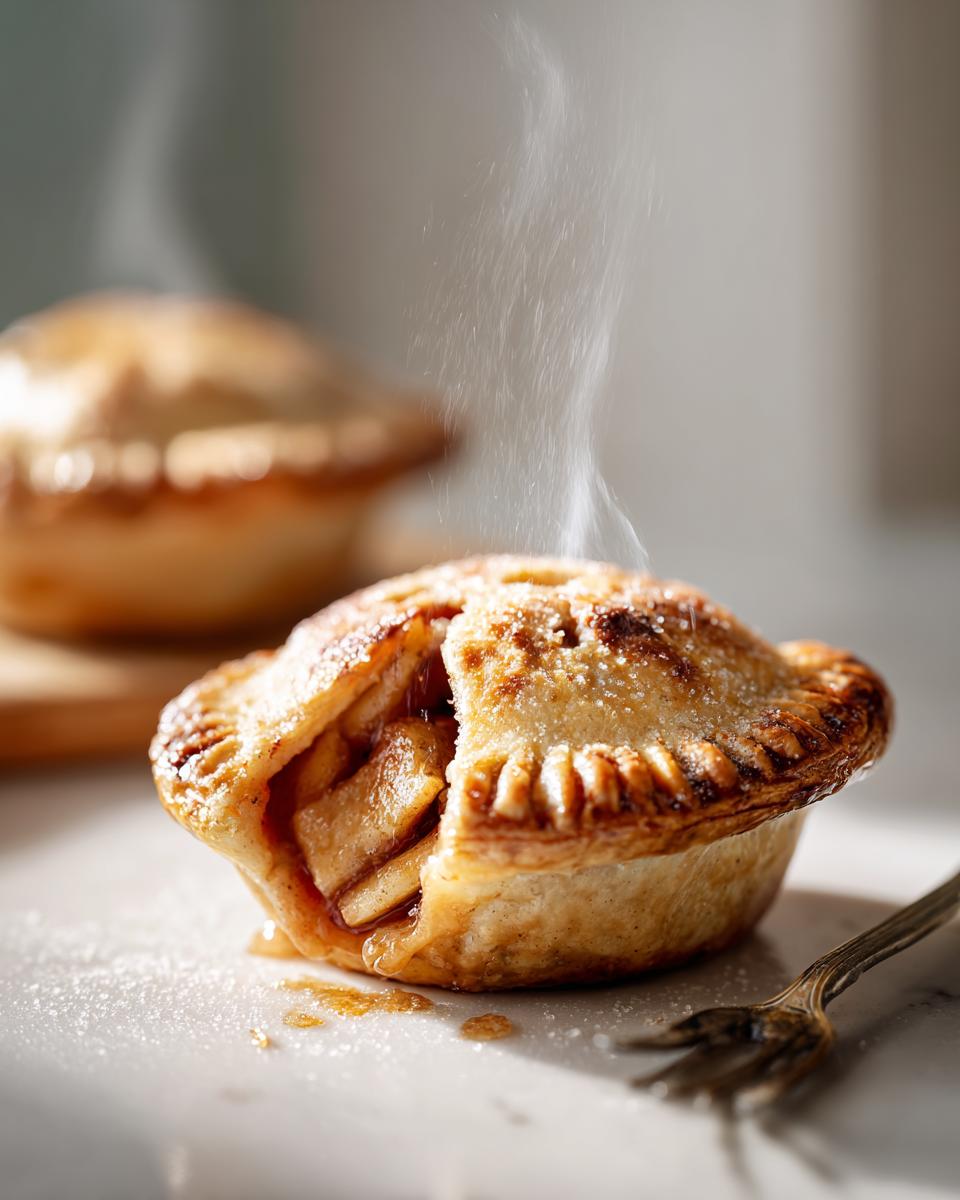 Close-up of a freshly baked Apple Hand Pie, with steam rising from the cut-out top revealing the warm apple filling.