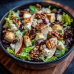 A close-up of a vibrant Apple Walnut Salad in a bowl, featuring crisp lettuce, apple slices, walnuts, cheese cubes, and croutons.