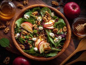 A vibrant Apple Walnut Salad in a wooden bowl, featuring crisp apple slices, crunchy walnuts, and crumbled cheese, drizzled with honey.
