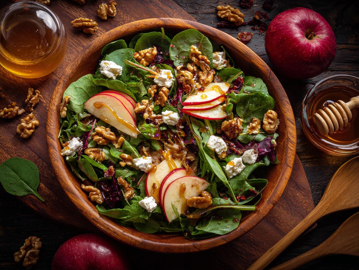 A vibrant Apple Walnut Salad in a wooden bowl, featuring crisp apple slices, crunchy walnuts, and crumbled cheese, drizzled with honey.