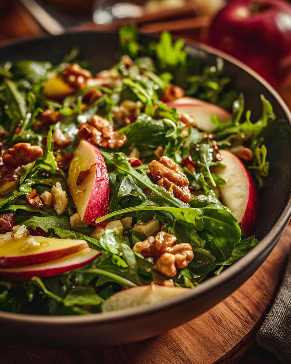 A close-up of a vibrant Apple Walnut Salad in a dark bowl, featuring crisp apple slices, crunchy walnuts, and fresh greens.
