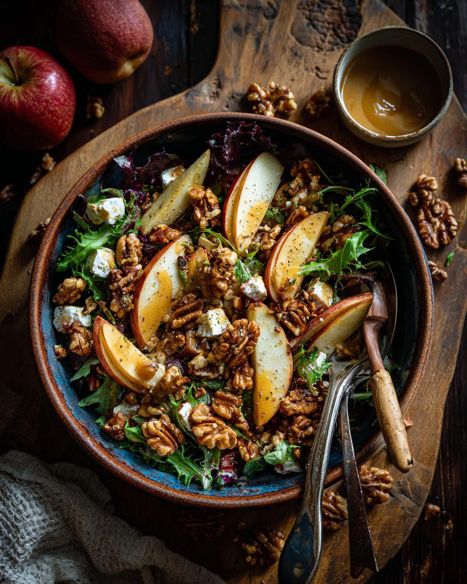Overhead view of a vibrant Apple Walnut Salad with fresh apple slices, walnuts, feta cheese, and a drizzle of maple dressing.