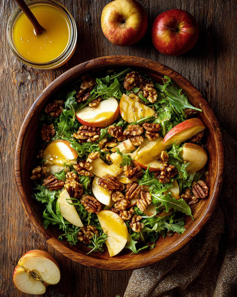 A vibrant Apple Walnut Salad in a wooden bowl, featuring fresh greens, sliced apples, and walnuts, drizzled with dressing.