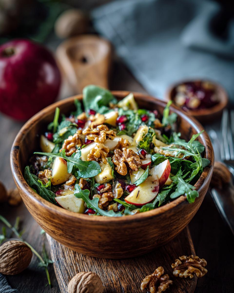 A close-up of a rustic wooden bowl filled with a vibrant Apple Walnut Salad, featuring crisp apple slices, crunchy walnuts, and juicy pomegranate seeds.