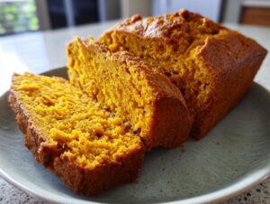 Close-up of a moist Autumn Harvest Pumpkin Bread loaf, with two slices cut and displayed on a light blue plate.