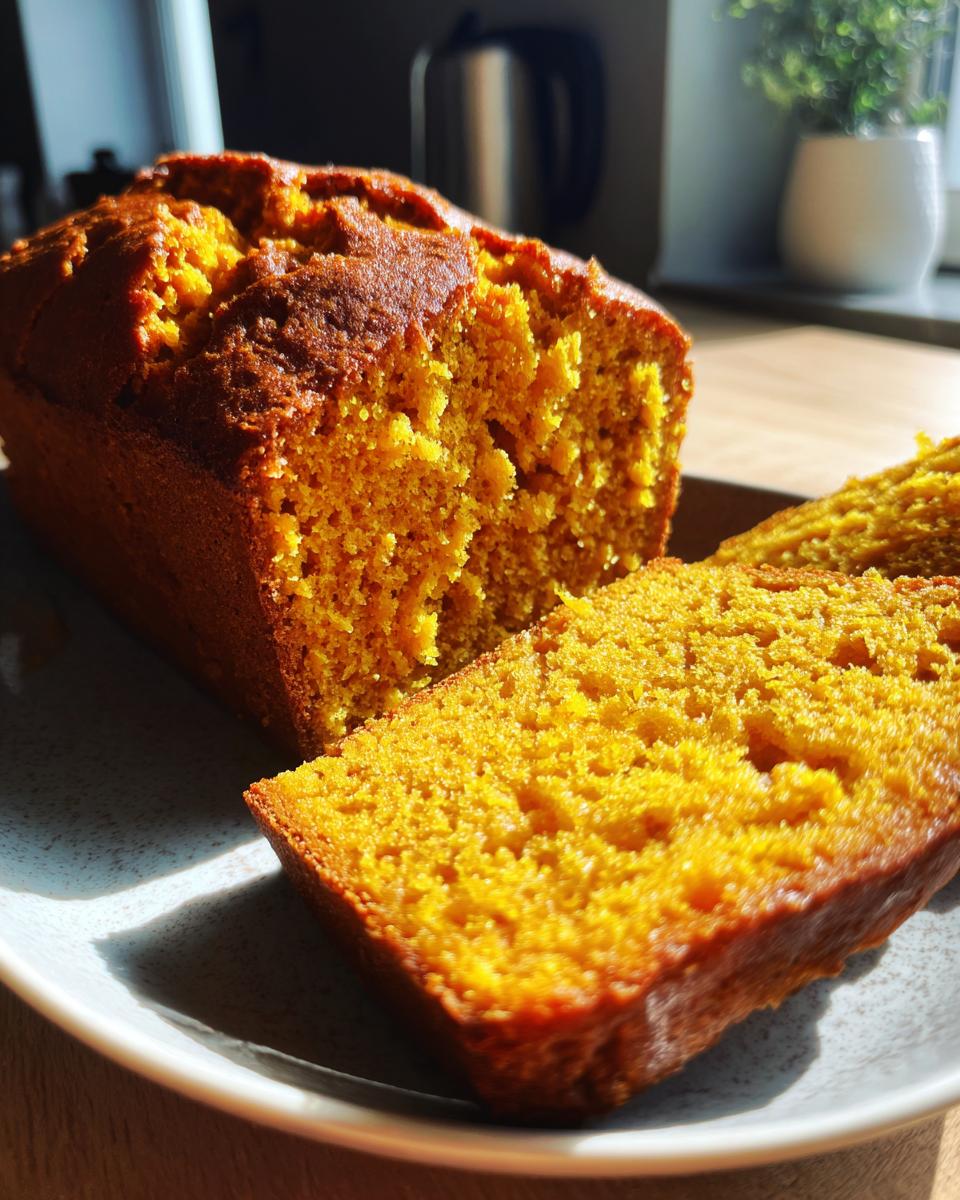 A close-up of a slice of moist Autumn Harvest Pumpkin Bread, showcasing its vibrant orange color and tender crumb.
