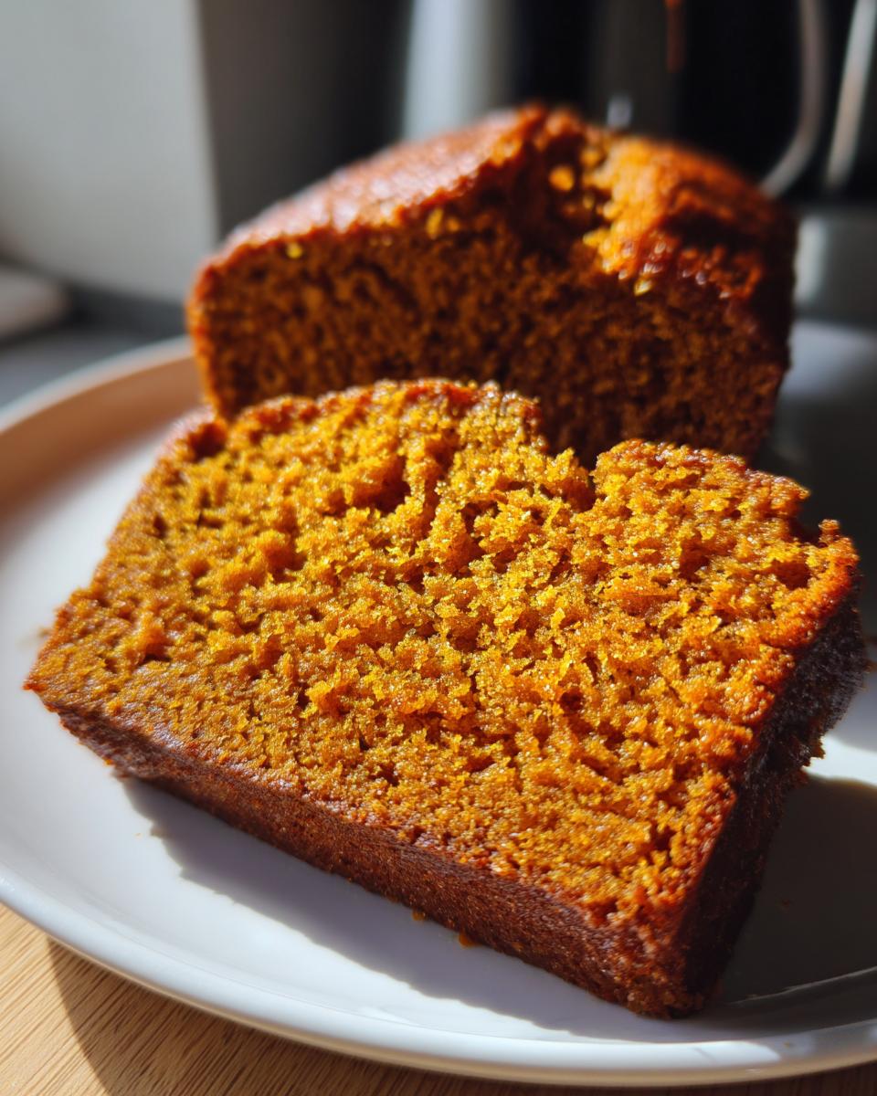 A close-up shot of a moist slice of Autumn Harvest Pumpkin Bread on a white plate.