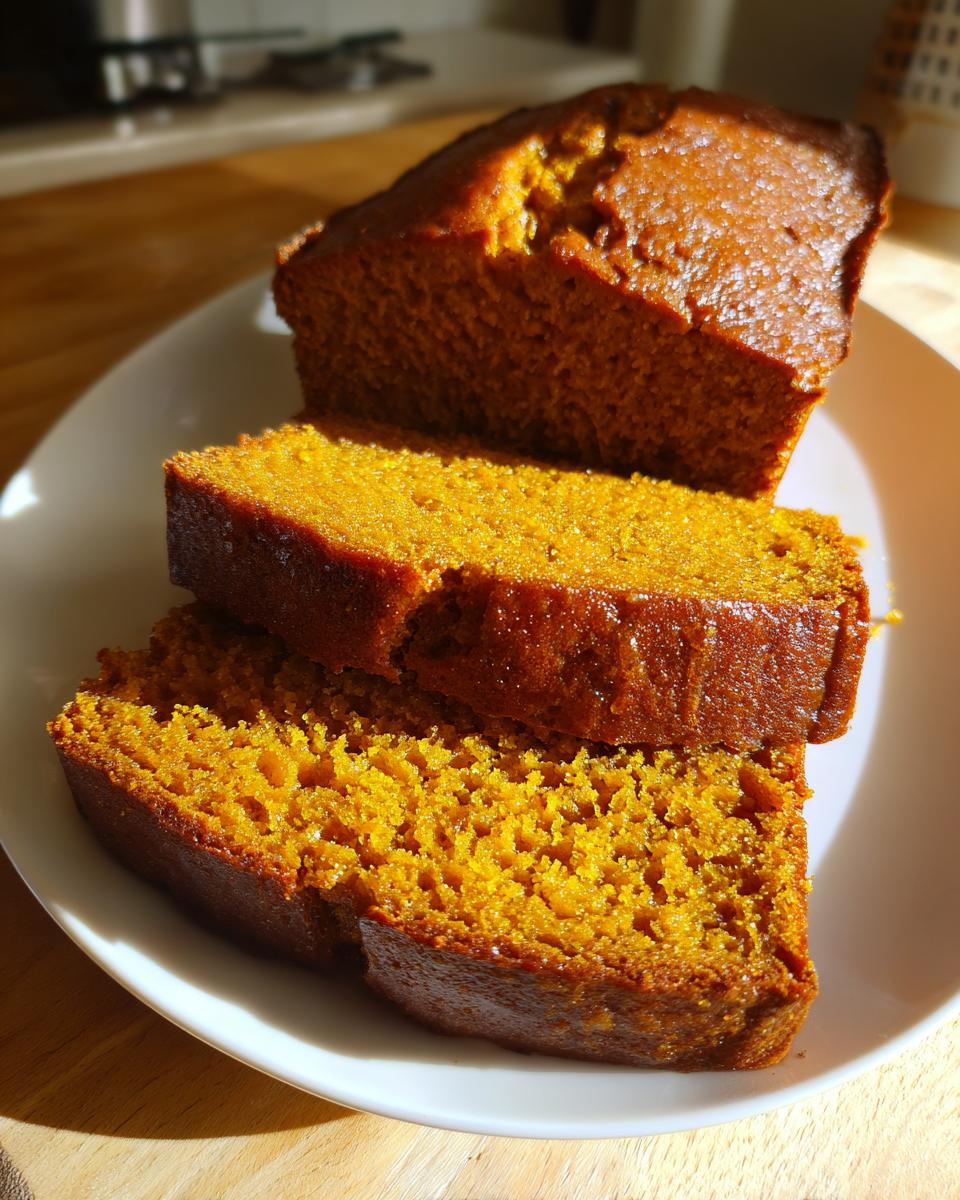 Close-up of moist Autumn Harvest Pumpkin Bread, with two slices stacked on a white plate.