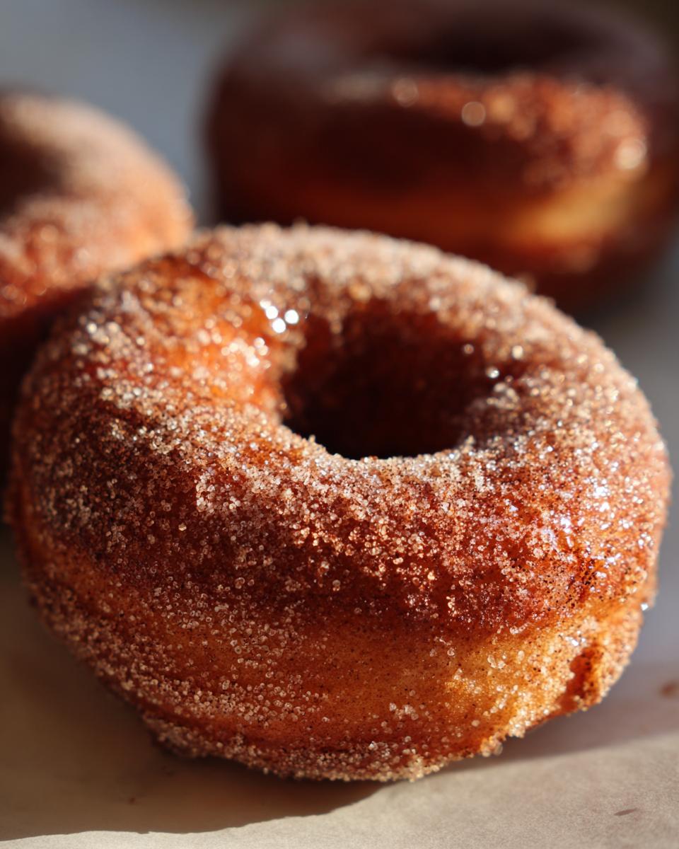 Close-up of a freshly baked apple cider donut coated in cinnamon sugar.