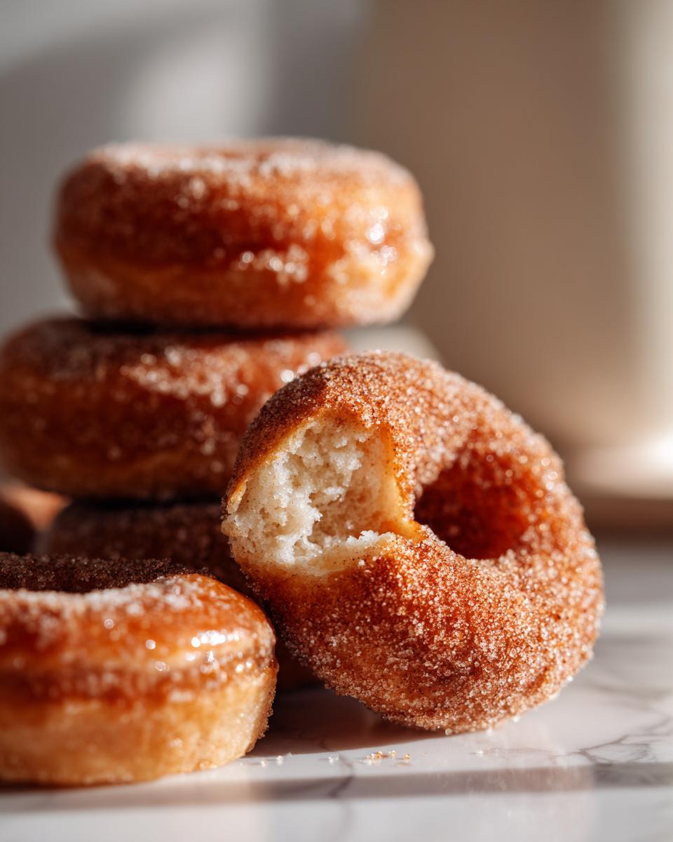 Close-up of a stack of baked apple cider donuts coated in cinnamon sugar, with one donut bitten into.