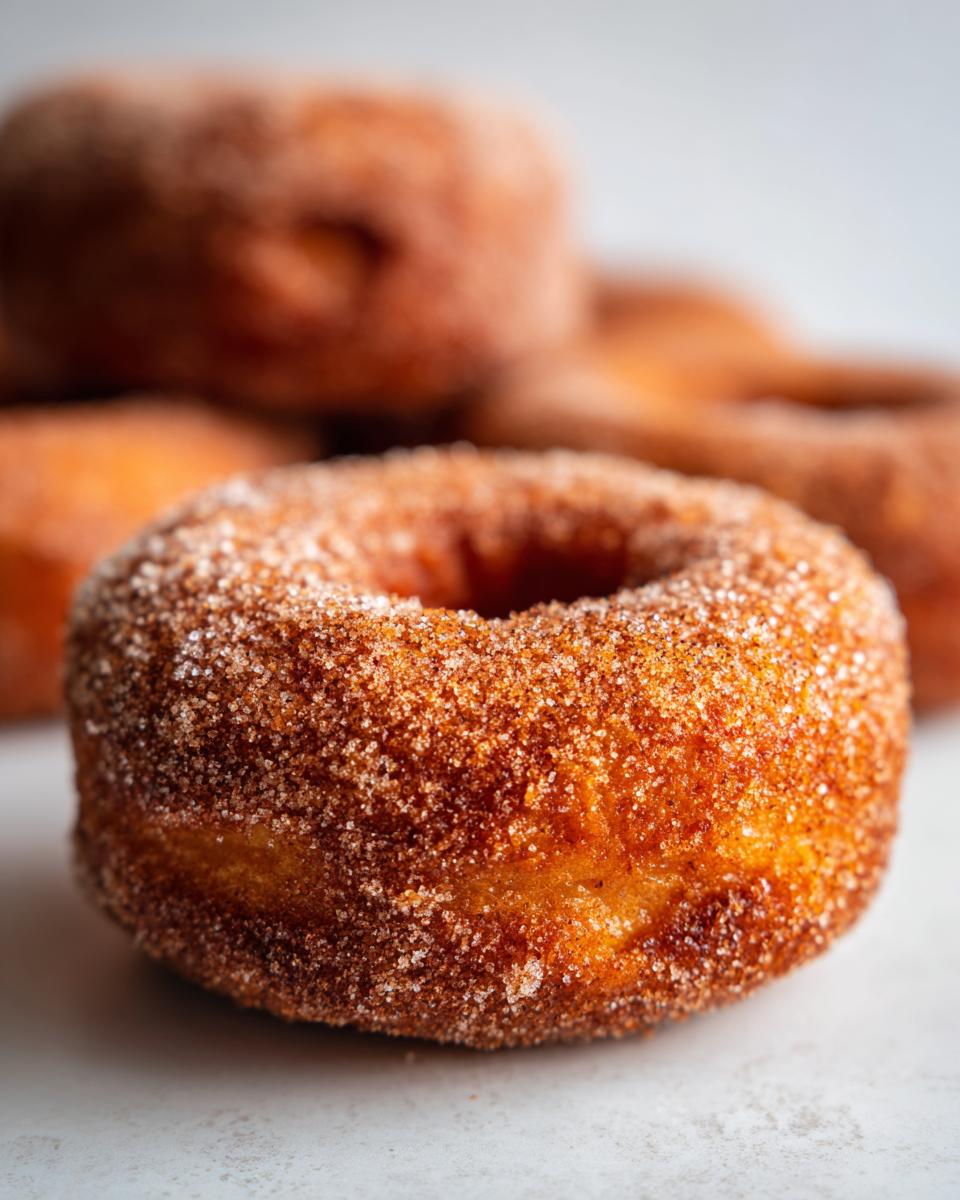 Close-up of a freshly baked apple cider donut coated in cinnamon sugar, with more donuts blurred in the background.