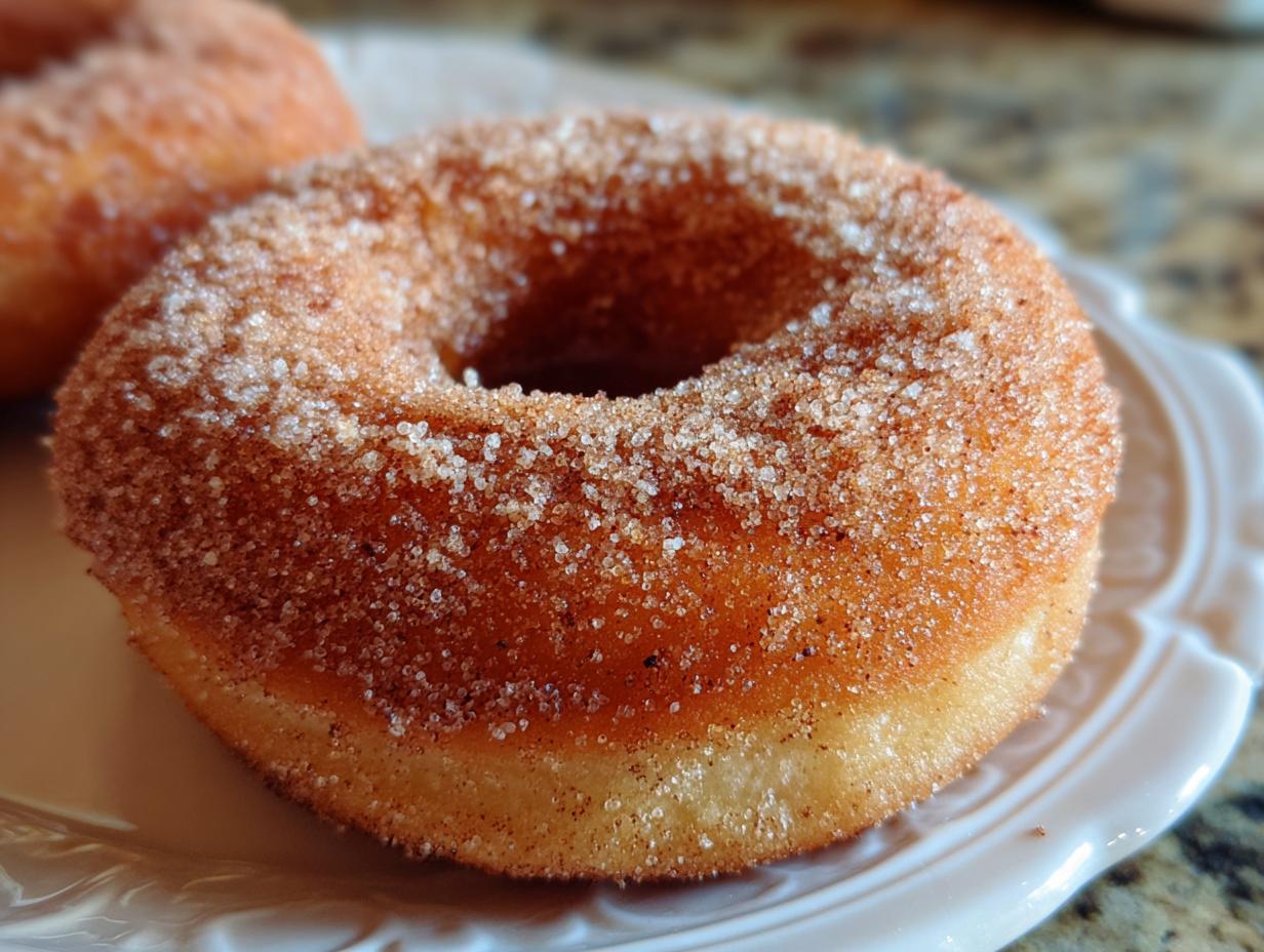 Close-up of a freshly baked apple cider donut coated in cinnamon sugar.