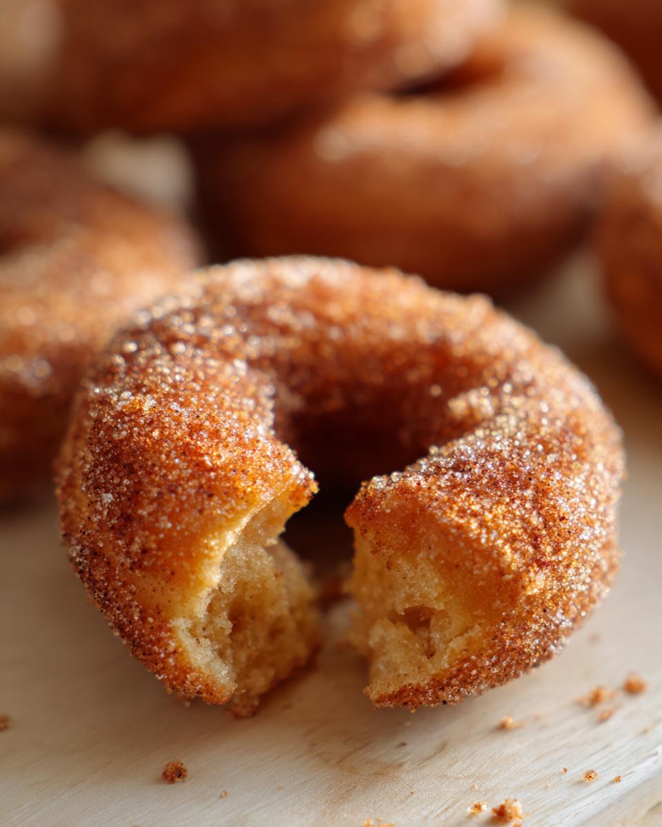 Close-up of a baked apple cider donut, broken in half, showing its fluffy interior and cinnamon-sugar coating.