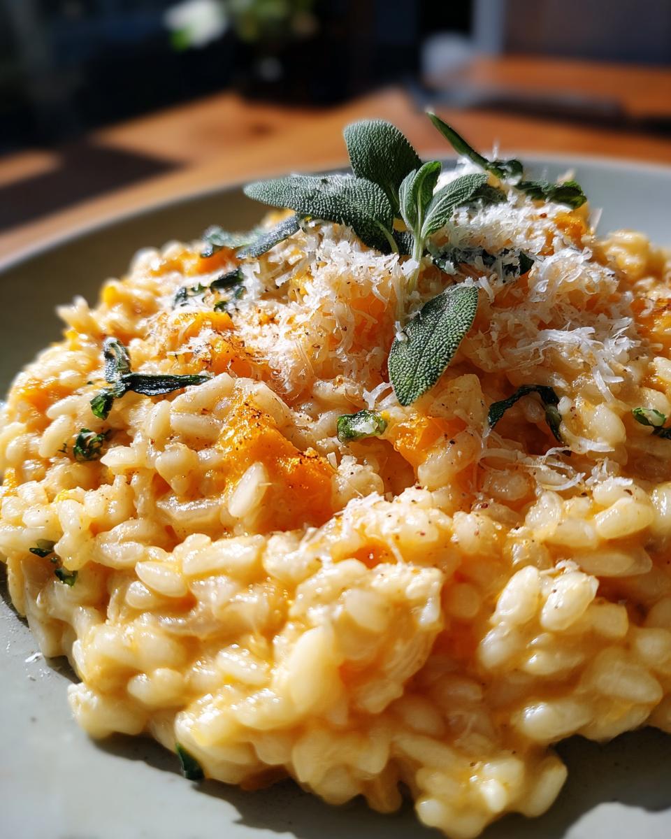 Close-up of creamy Baked Butternut Squash Risotto topped with fresh sage leaves and grated Parmesan cheese.