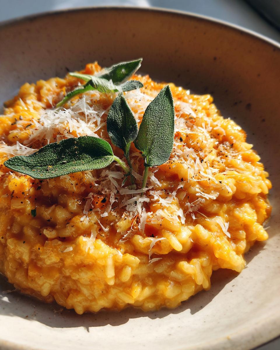 Close-up of a bowl of creamy Baked Butternut Squash Risotto topped with grated Parmesan cheese and fresh sage leaves.